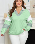 Plus Size Colorblock Stripe Patchwork Collared V-Neck Sweatshirt
