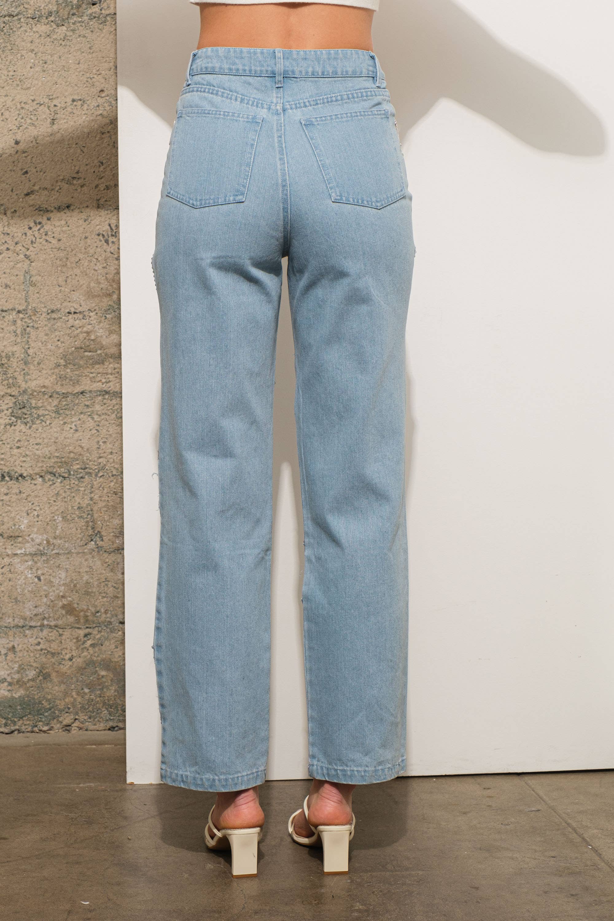 22803P -Rhinestone Fringe Denim Jeans: LIGHT WASH