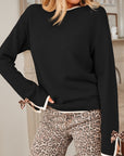 Leopard Bow Split Cuff Contrast Trim Sweater