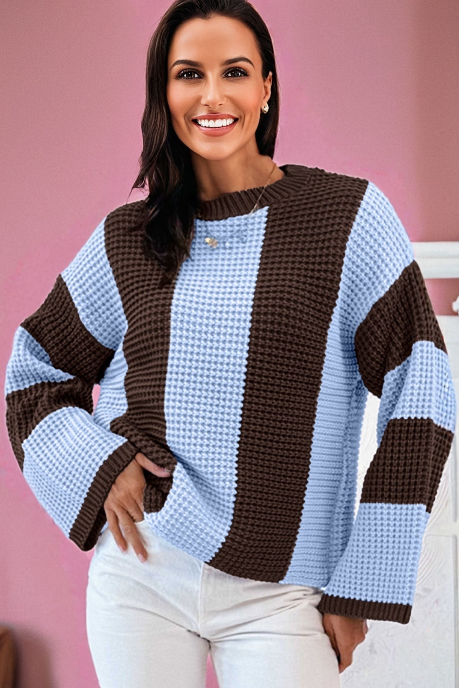 Stripe Colorblock Thermal Textured Knit Drop Shoulder Sweater