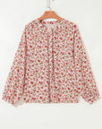 Floral Pleated Notched Neck Puff Sleeve Blouse