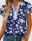 Floral Contrast Trim Split Neck Ruffle Sleeve Blouse