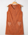 Western Corduroy Embroidered Patch Pocket Mini Dress
