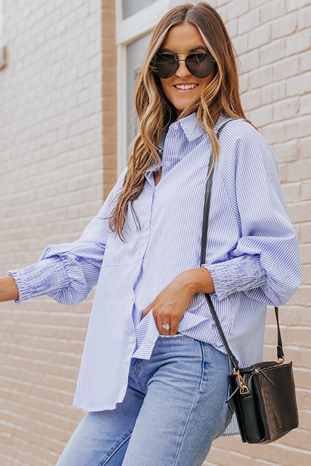 Striped Casual Shirred Cuffs Shirt
