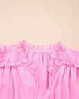 Plus Size Solid Ruffle Tassel Tie V-Neck Blouse