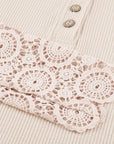 Crochet Lace Hem Sleeve Half-Button Top