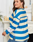 Blue Stripe Floral Color Block Drop Shoulder Plus Size Pullover Top