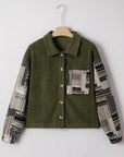 Plaid Patchwork Sleeve Button-Up Ribbed Fleece Jacket