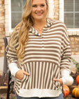 Brown Stripe Quarter Buttons Drop Sleeve Plus Size Hoodie