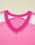 Bonbon Lace Striped Patchwork Long Sleeve Corded V Neck Plus Size Top