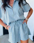 Solid Half Zip Sweatshirt and Shorts Set
