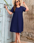 Plus Size Solid Lace Short Sleeve Pleated Dress