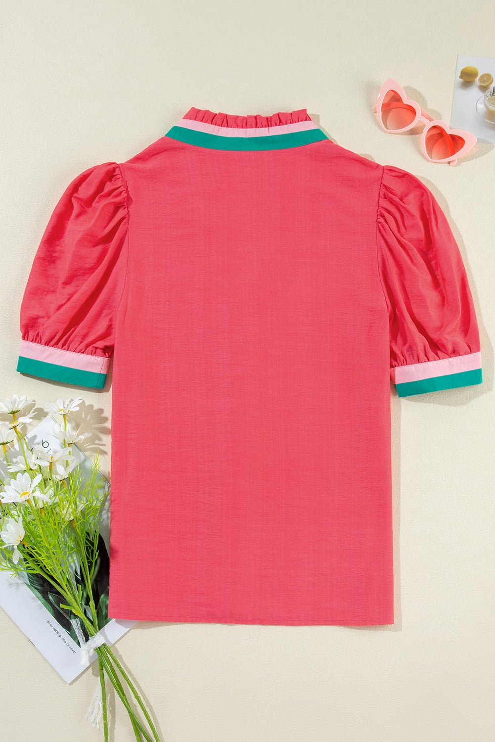 Colorblock Trim V-Neck Short Sleeve Blouse