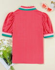 Colorblock Trim V-Neck Short Sleeve Blouse