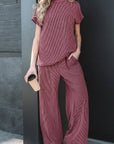 Corded Knit Mock Neck Tee and Pant Set