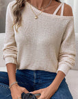 Textured Knit Asymmetric Shoulder Long Sleeve Top