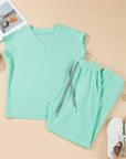 Solid V-Neck Tee and Drawstring Pants Set