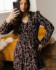 Brown Ditsy Floral Print Split Neck Long Sleeve Shirred Waist Flared Mini Dress