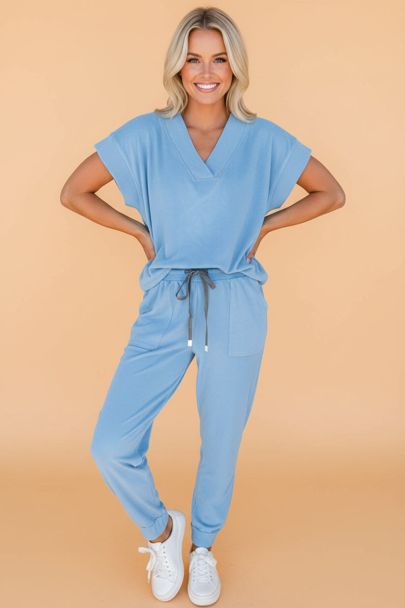 Solid V-Neck Tee and Drawstring Pants Set