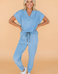Solid V-Neck Tee and Drawstring Pants Set