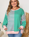 Green Stripe Color Block Exposed Seam Side Slit Plus Size Sweatshirt