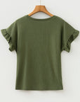 Solid Ribbed Knit Ruffle Short Sleeve T-Shirt