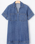 Solid Denim Collared Patch Pocket Mini Dress