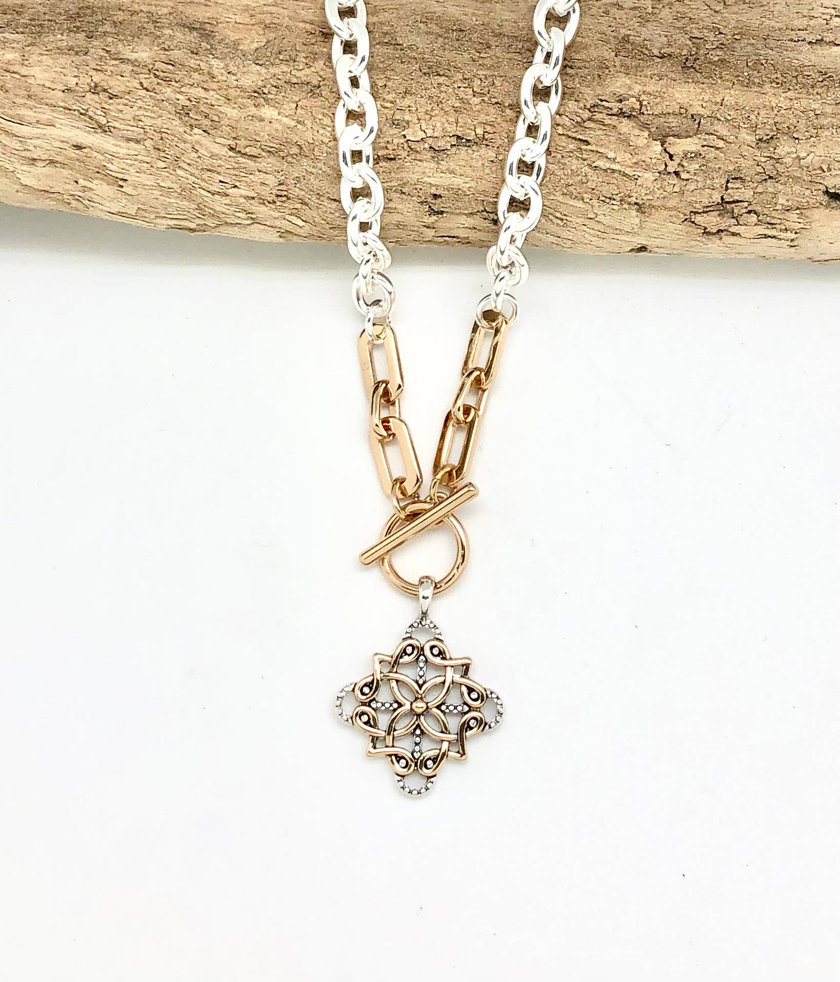 Necklace Alloy Plated Link Chain with Filigree Drop 18”