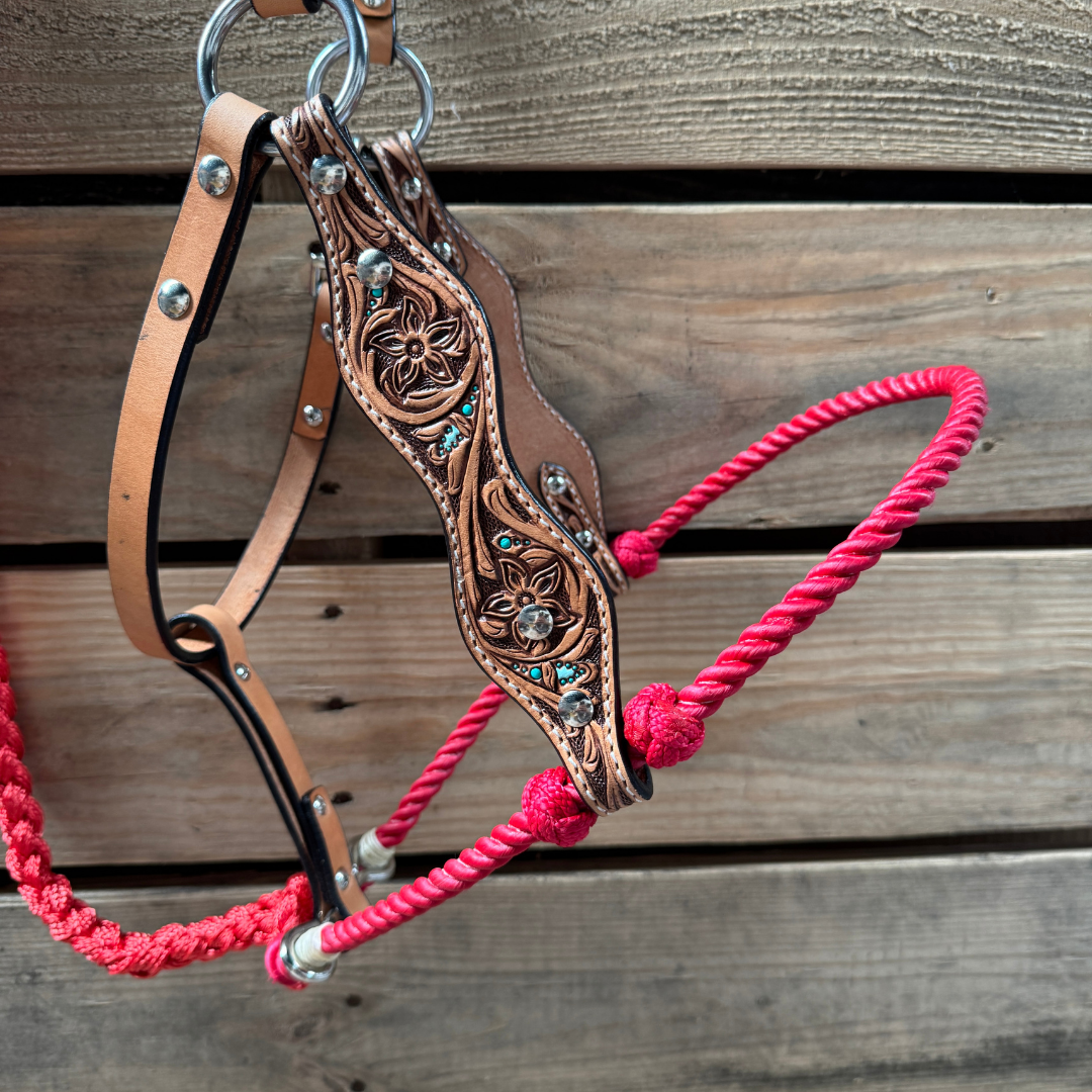 Red Floral Tooled Lariat &amp; Leather Combo Halter