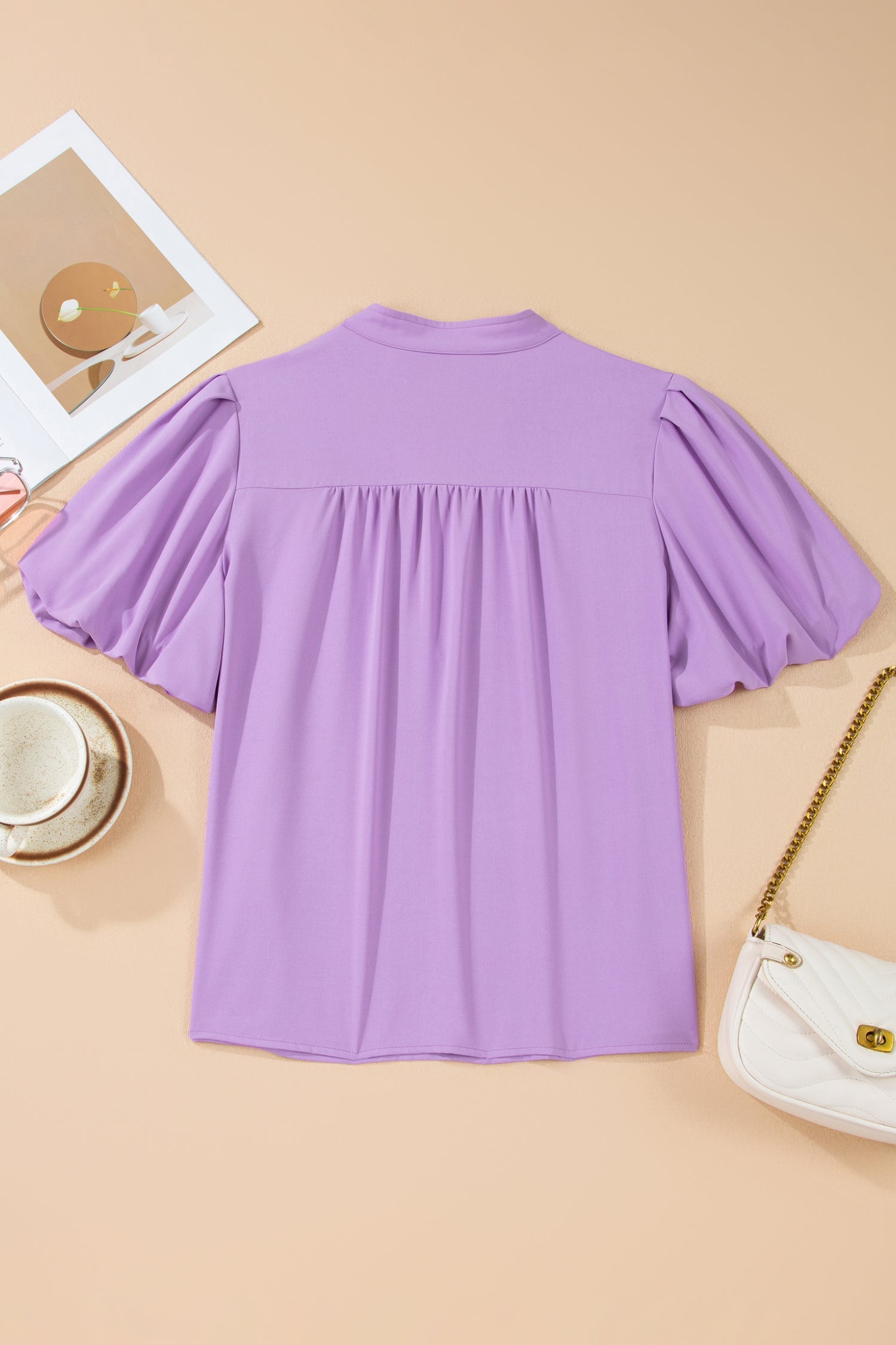Solid Puff Sleeve Notched V-Neck Blouse
