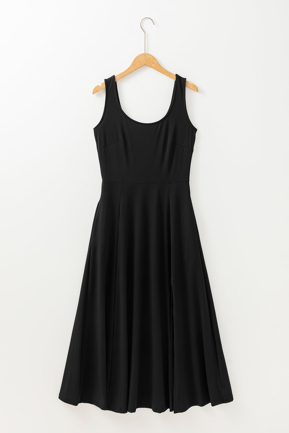 Solid Sleeveless Flared Side Slit Midi Dress
