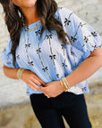 Bow Textured Short Puff Sleeve Top