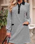 Stripe Collared Pocketed Long Sleeve T-Shirt Dress