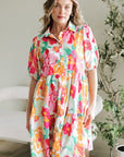 Floral Puff Sleeve Buttoned Collar Babydoll Dress