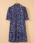 Floral Split Neck Puff Sleeve Mini Dress
