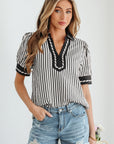 Stripe Collared V-Neck Bubble Sleeve Blouse