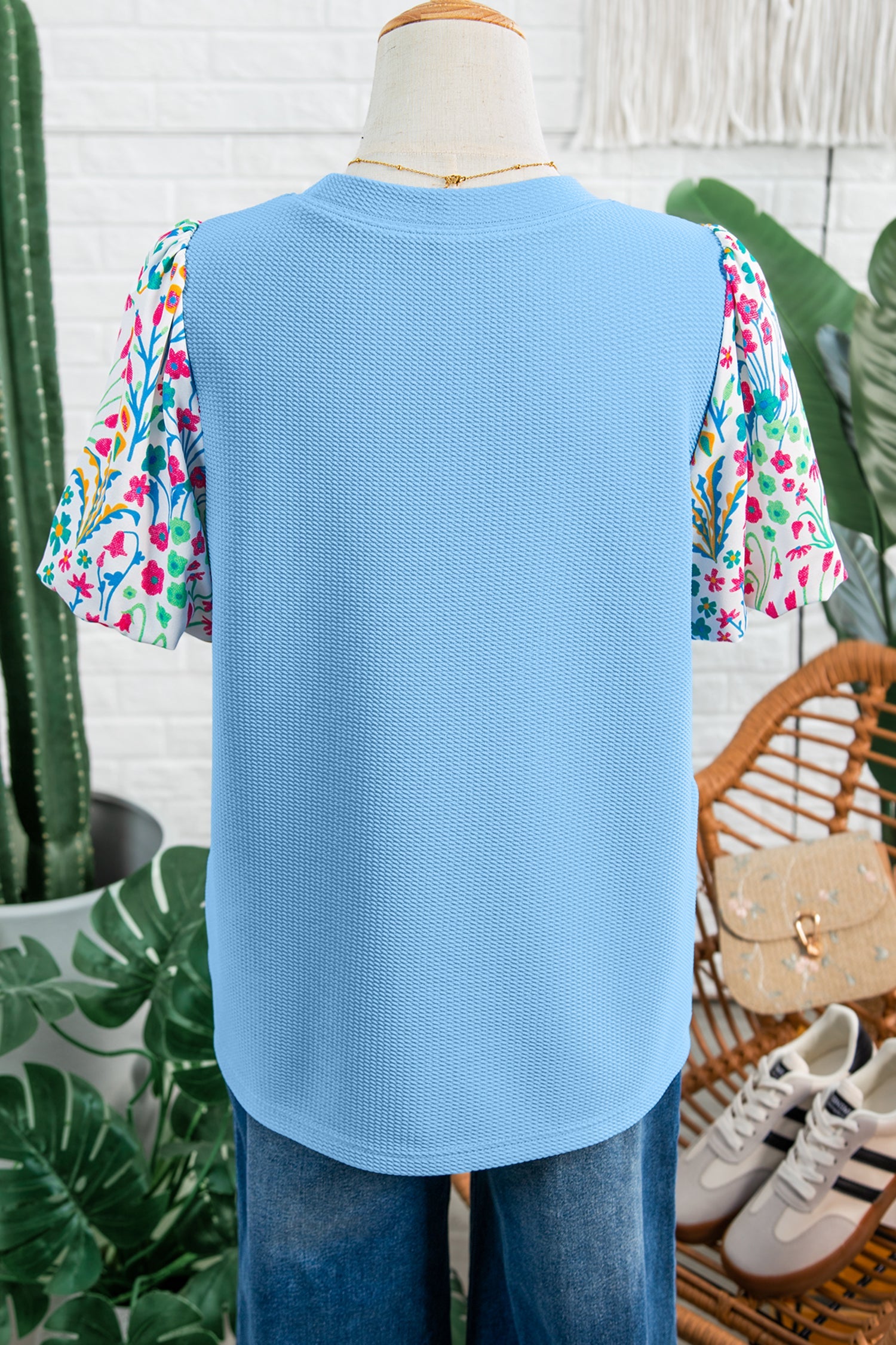 Floral Patchwork Bubble Sleeve Textured Blouse