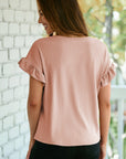 Solid Ribbed Knit Ruffle Short Sleeve T-Shirt