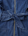 Denim Ruffle Sleeve Zip Front Belted Romper
