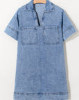 Solid Denim Collared Patch Pocket Mini Dress