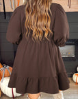 Plus Size Frilled Trim V-Neck Puff Sleeve Textured Dress