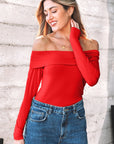 Solid Fold-Over Off-Shoulder Long Sleeve Top