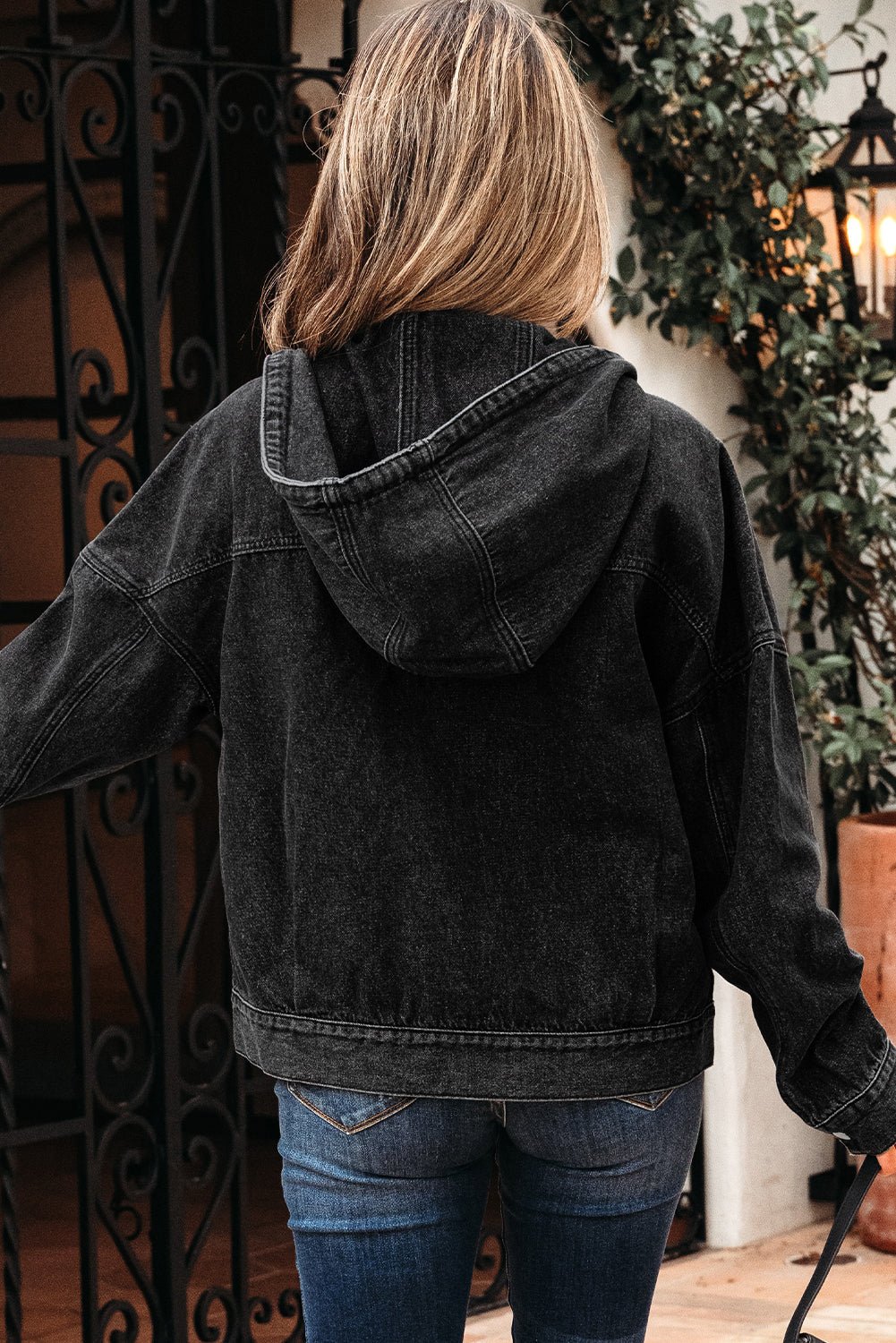 Sage Pocket Drop Shoulder Hooded Denim Jacket