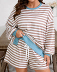 Plus Size Stripe Contrast Trim Pullover and Shorts Set