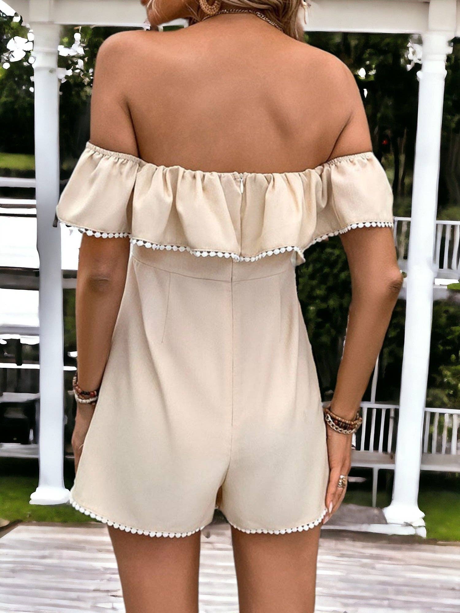 Ruffled Off Shoulder Jumpsuit With Ribbon Tie Waist