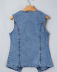 Western Denim Button Front Slit Sleeveless Vest