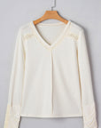 Lace Trim Ruched Long Sleeve V-Neck Thermal Top