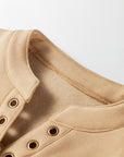 Solid Grommet V-Neck Drop Shoulder Sweatshirt