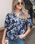 Floral Stripe Trim Puff Sleeve V-Neck Blouse