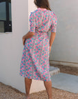 Floral Puff Sleeve Button Front Belted Midi Dress